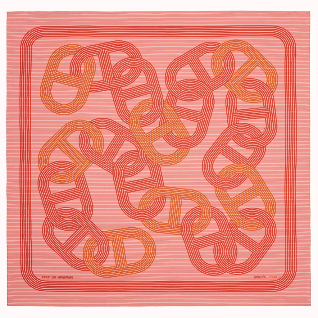 Hermes Circuit 24 Faubourg Chemise Silk Scarf 90 Cm - Rose / Corail / Blanc